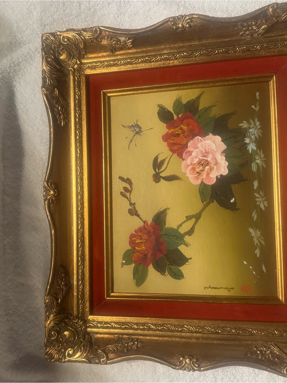 Vintage Asian Inspired Framed Oil painting floral Signed.